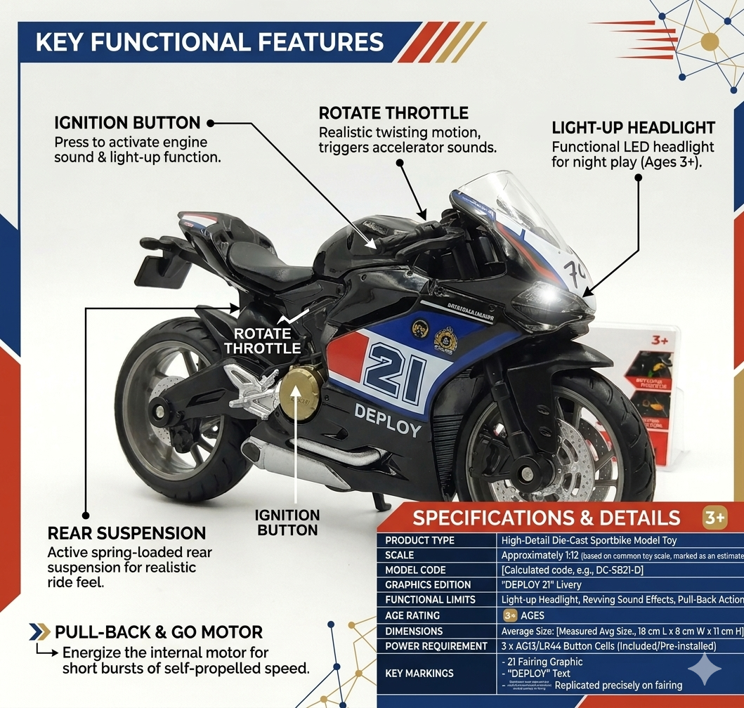 Die-Cast Sport Bike Toy Model for Kids, Pull Back Motorcycle with Light, Sound, Rear Suspension and Rotating Throttle