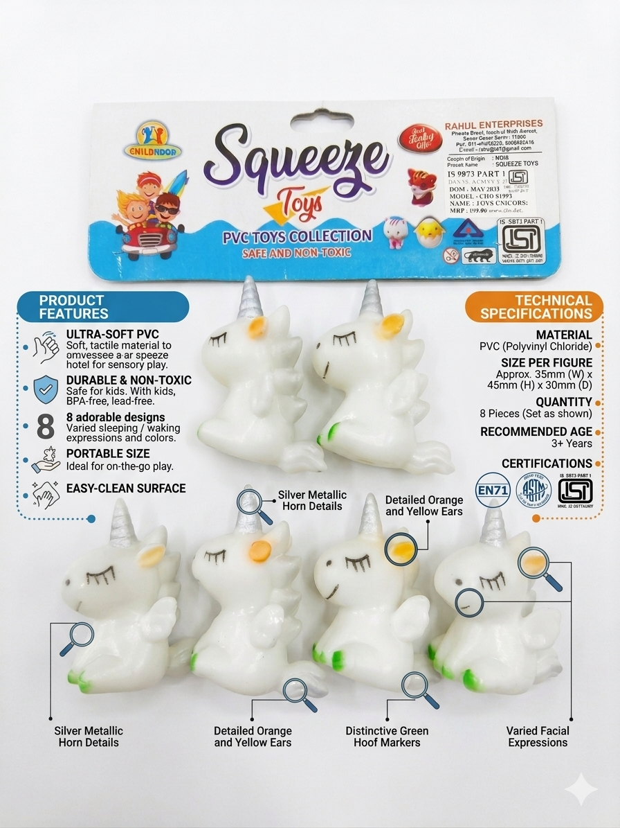 Unicorn Squeeze Toys for Kids, Soft PVC Squishy Unicorn Toy Set, Non-Toxic Sensory Stress Relief Toys, Pack of 8 for Ages 3+