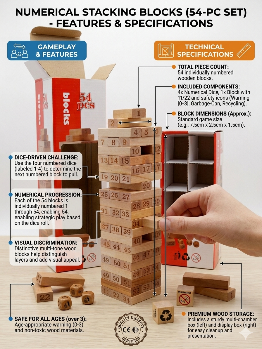 Numerical Stacking Blocks Wooden Tower Game, 54 Piece Numbered Block Set with Dice, Educational Balance and Strategy Game for Kids and Family