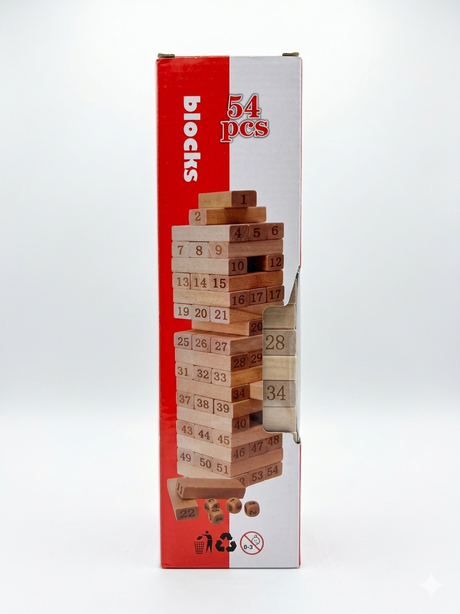 Numerical Stacking Blocks Wooden Tower Game, 54 Piece Numbered Block Set with Dice, Educational Balance and Strategy Game for Kids and Family