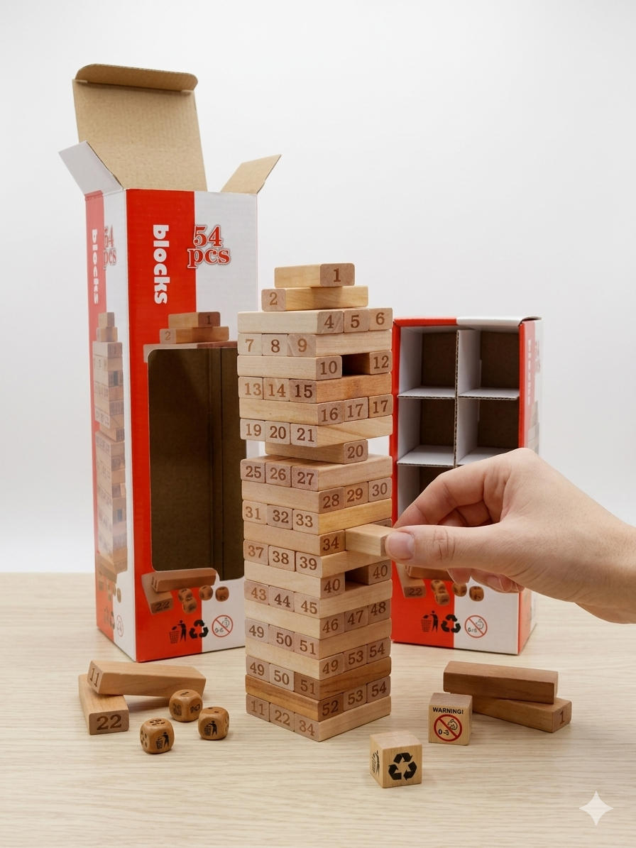 Numerical Stacking Blocks Wooden Tower Game, 54 Piece Numbered Block Set with Dice, Educational Balance and Strategy Game for Kids and Family