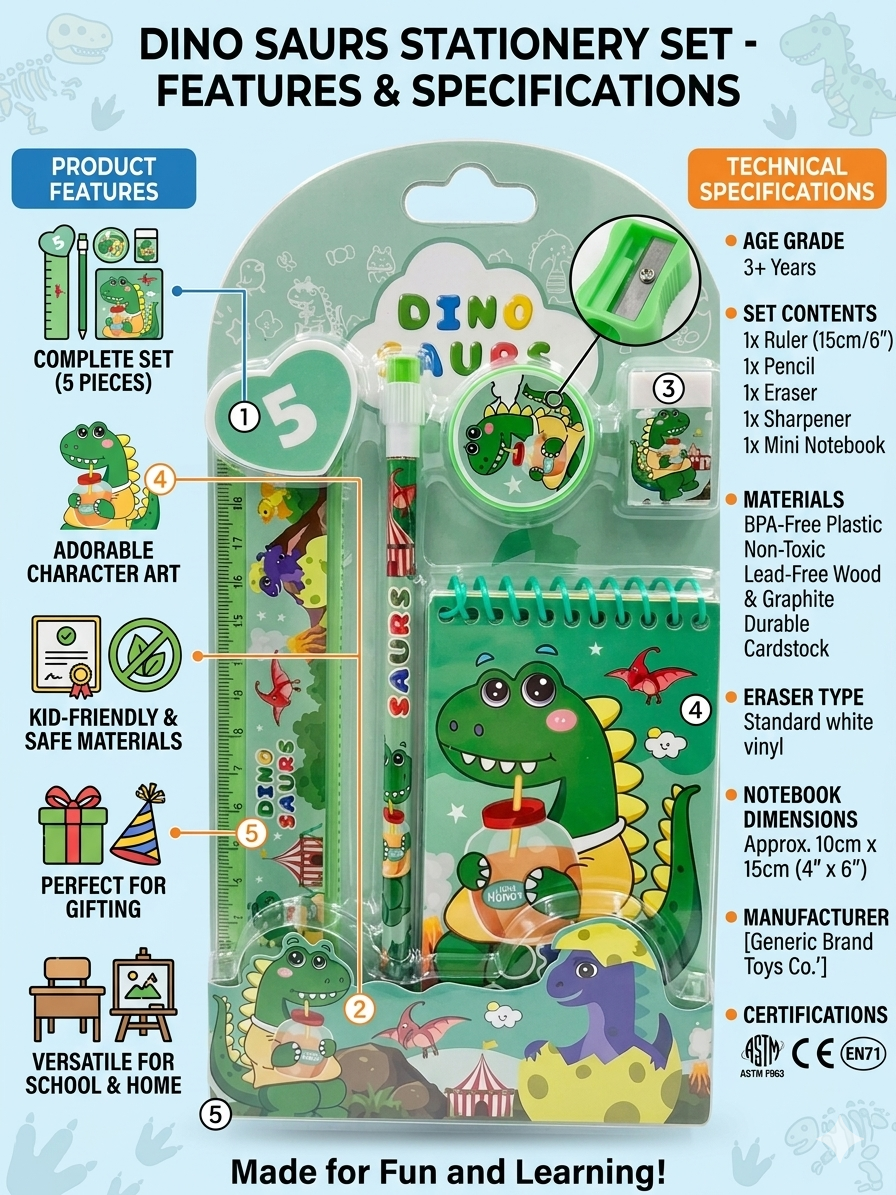 Dinosaur Stationery Set for Kids, Cute Dino School Kit with Pencil, Ruler, Eraser, Sharpener and Mini Notebook, Gift Set for Boys and Girls
