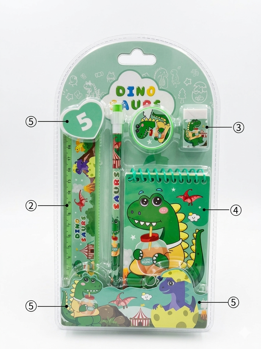 Dinosaur Stationery Set for Kids, Cute Dino School Kit with Pencil, Ruler, Eraser, Sharpener and Mini Notebook, Gift Set for Boys and Girls