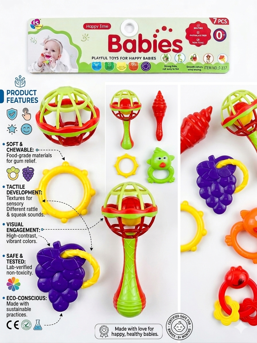 Baby Rattle and Teether Toy Set for Newborns, Soft BPA-Free Sensory Toys with Colorful Rings and Chewable Teethers, Pack of 7
