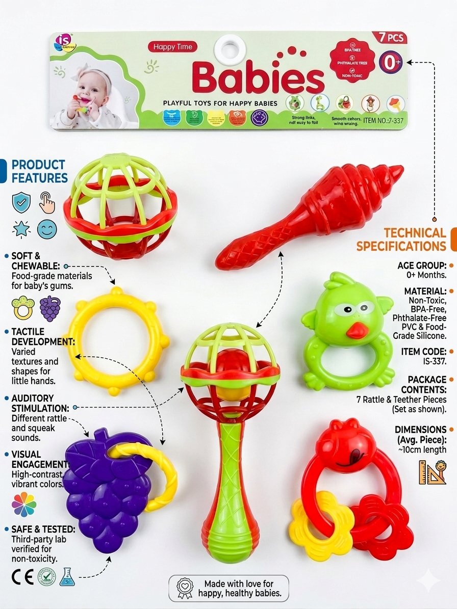 Baby Rattle and Teether Toy Set for Newborns, Soft BPA-Free Sensory Toys with Colorful Rings and Chewable Teethers, Pack of 7