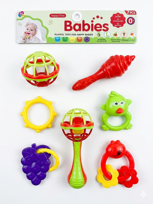 Baby Rattle and Teether Toy Set for Newborns, Soft BPA-Free Sensory Toys with Colorful Rings and Chewable Teethers, Pack of 7