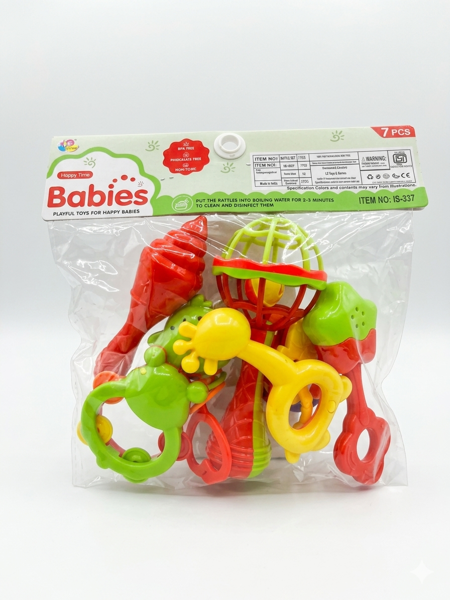Baby Rattle and Teether Toy Set for Newborns, Soft BPA-Free Sensory Toys with Colorful Rings and Chewable Teethers, Pack of 7