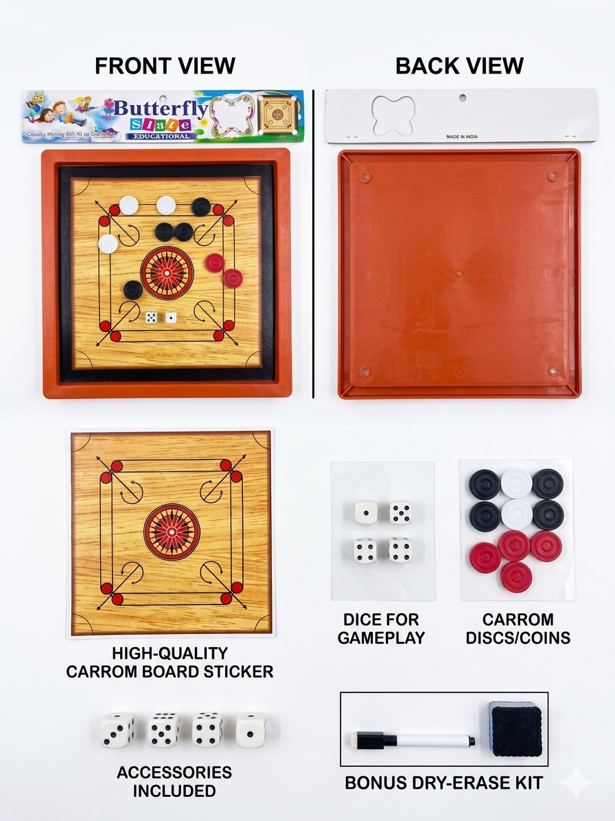 Butterfly Slate Carrom Board Set for Kids, Mini Tabletop Carrom Game with Dice, Coins and Dry Erase Kit, Indoor Family Board Game
