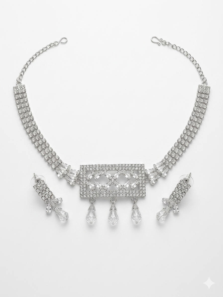Crystal Gemine Choker and Earring Jewelry Set for Women – Rhodium-Plated Multi-Row Crystal Statement Necklace, Art-Deco Geometric Pendant with Prismatic Teardrop Drops & Matching Drop Stud Earrings
