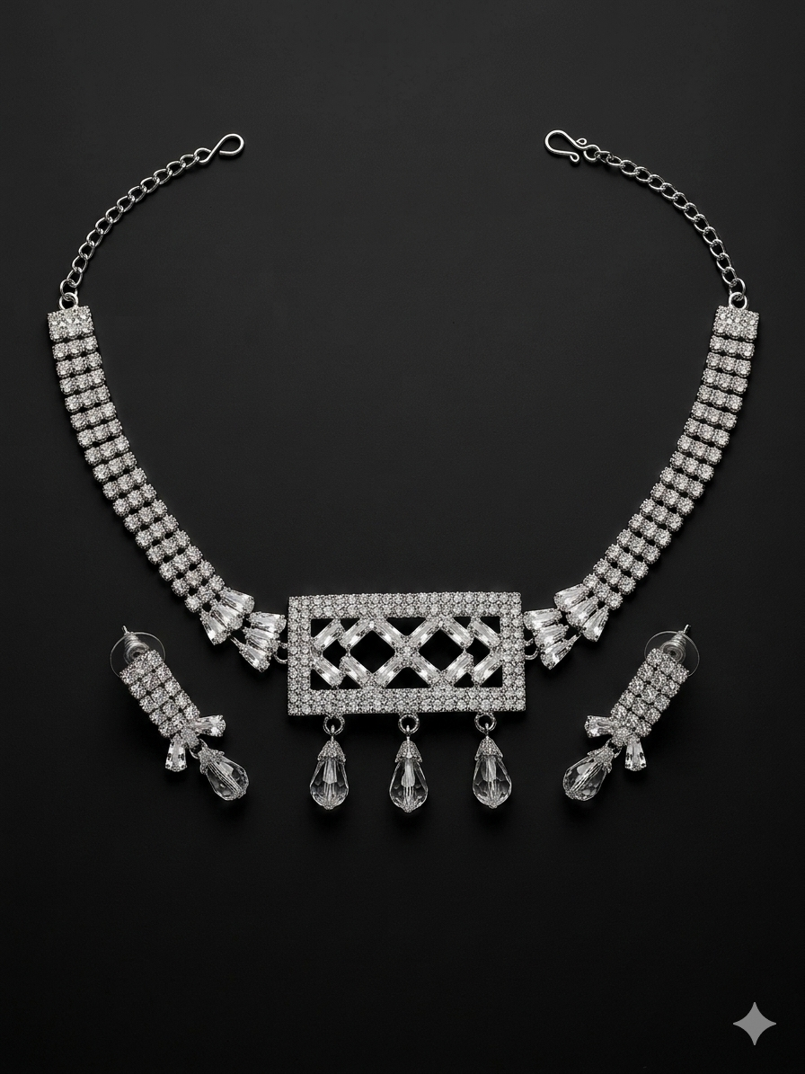 Crystal Gemine Choker and Earring Jewelry Set for Women – Rhodium-Plated Multi-Row Crystal Statement Necklace, Art-Deco Geometric Pendant with Prismatic Teardrop Drops & Matching Drop Stud Earrings