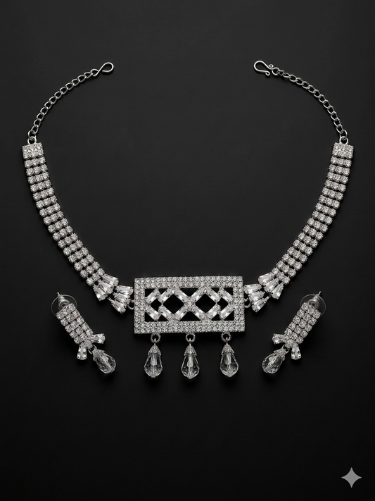 Crystal Gemine Choker and Earring Jewelry Set for Women – Rhodium-Plated Multi-Row Crystal Statement Necklace, Art-Deco Geometric Pendant with Prismatic Teardrop Drops & Matching Drop Stud Earrings