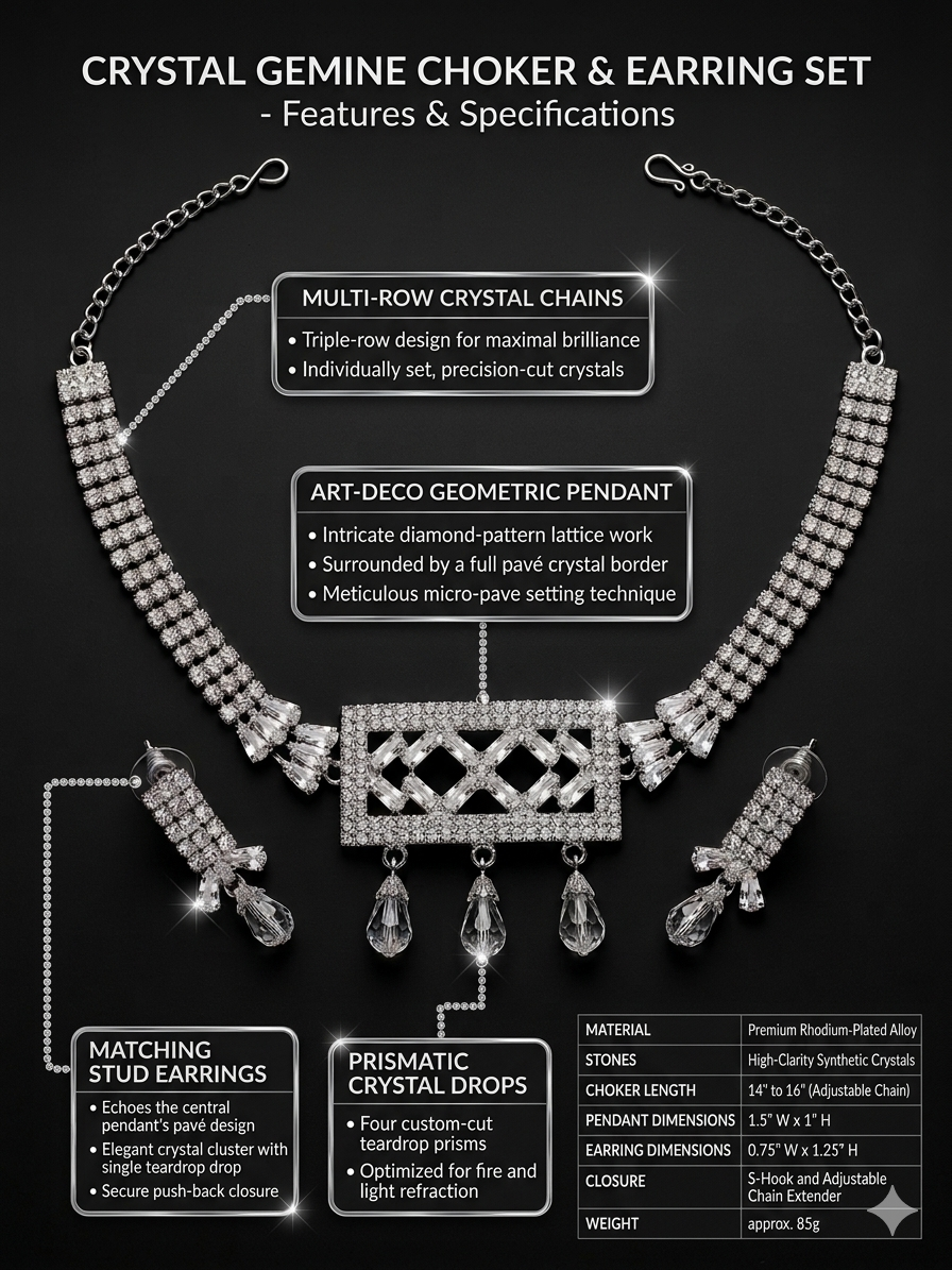 Crystal Gemine Choker and Earring Jewelry Set for Women – Rhodium-Plated Multi-Row Crystal Statement Necklace, Art-Deco Geometric Pendant with Prismatic Teardrop Drops & Matching Drop Stud Earrings