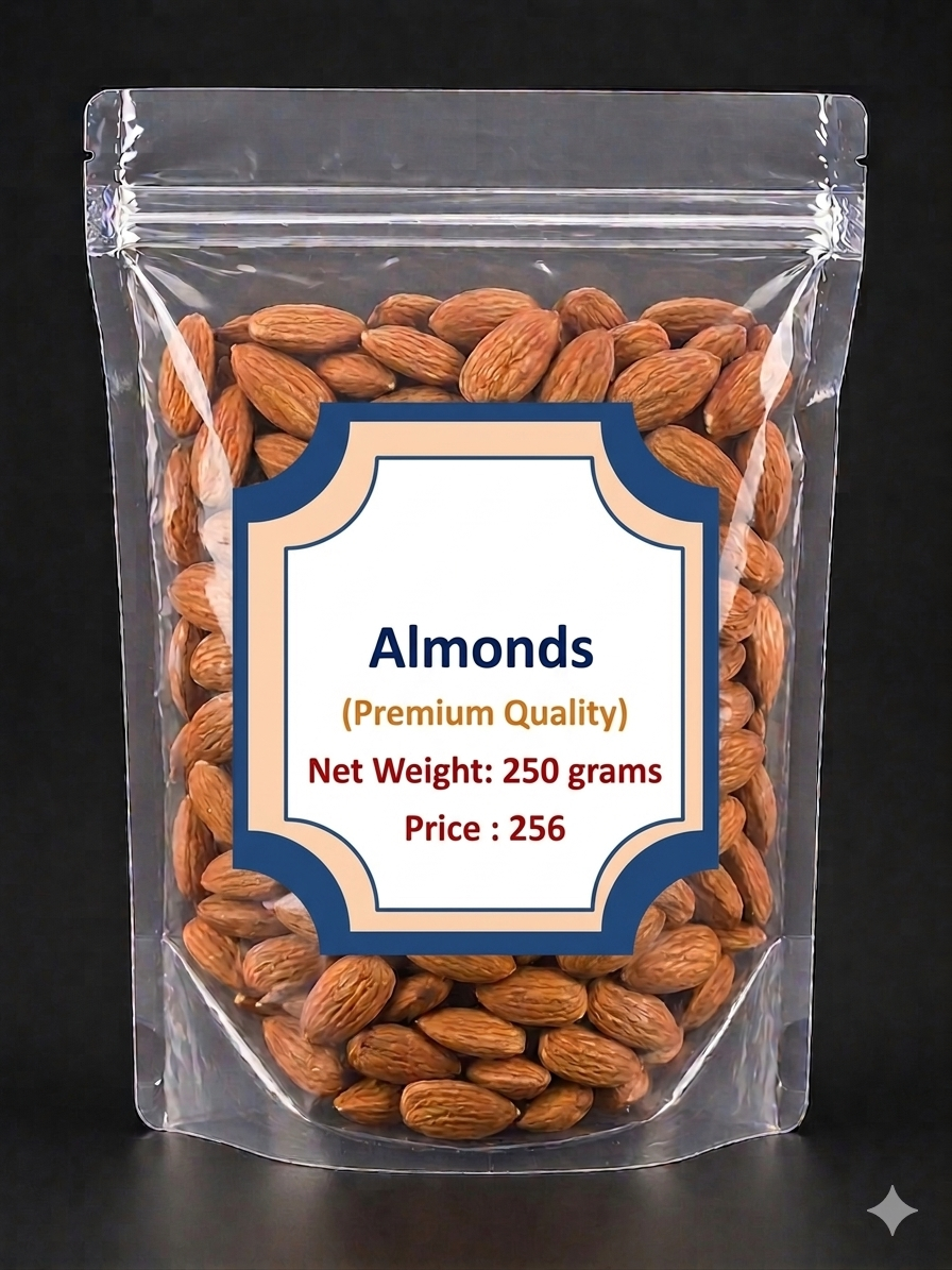 Premium Almonds 250g (Badam) | Natural Crunchy Whole Almond Kernels | Healthy Dry Fruits for Snacking, Cooking & Baking