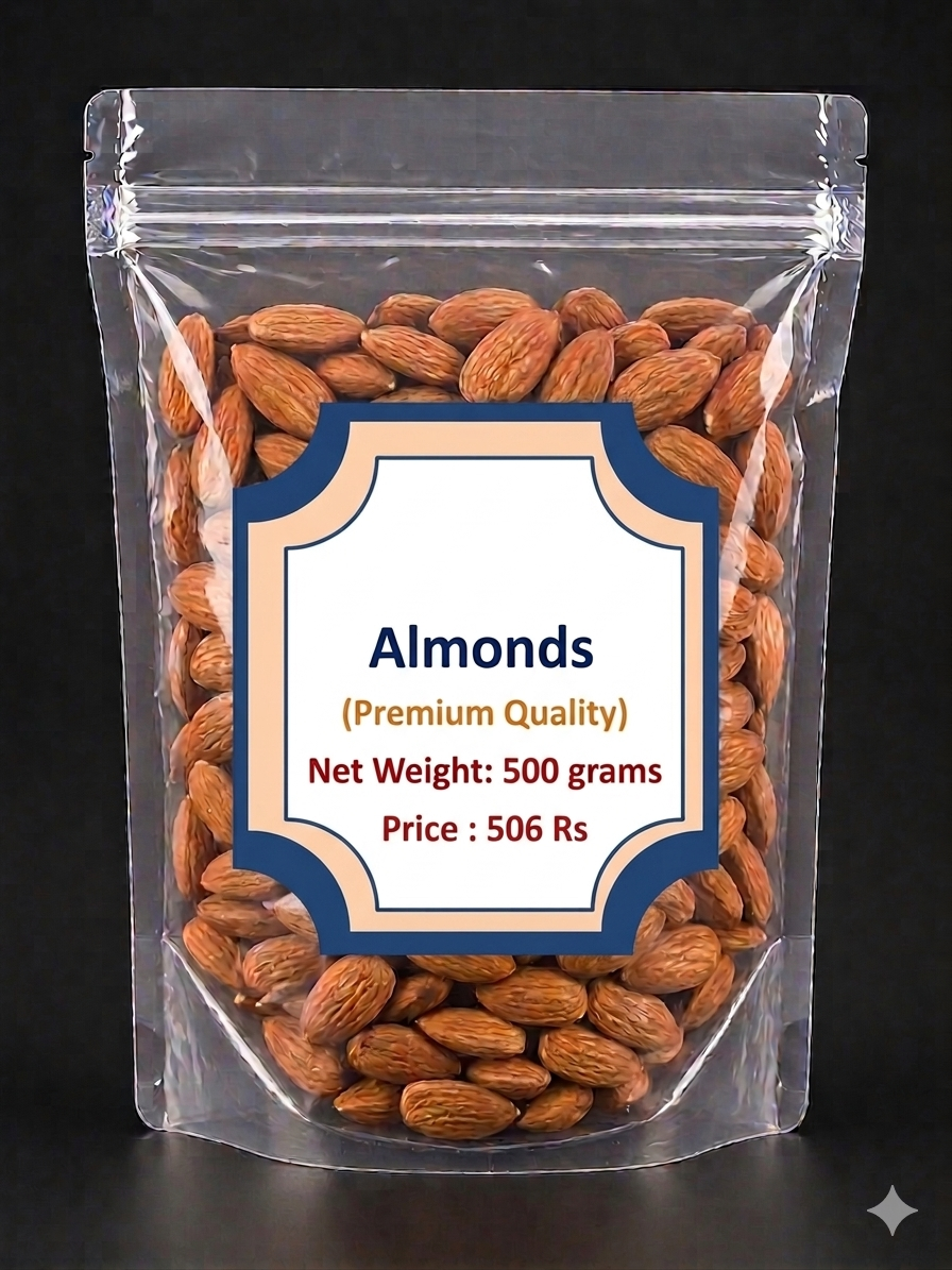 Premium Raw Almonds (Badam) 500g | Crunchy Natural Whole Almond Kernels | Healthy Dry Fruits for Snacking, Cooking & Baking
