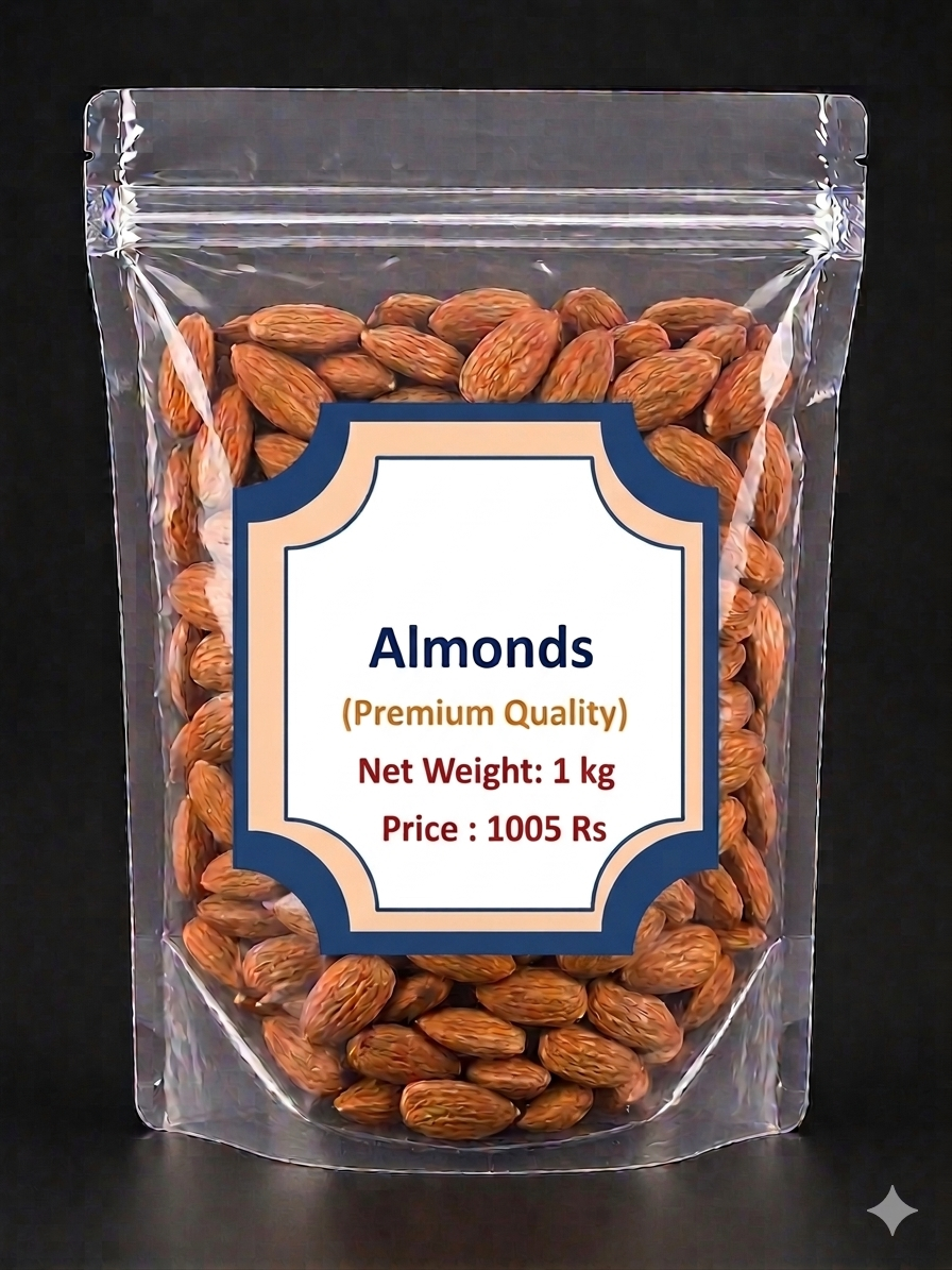 Premium Raw Almonds (Badam) 1 kg | Crunchy Natural Whole Almond Kernels | Healthy Dry Fruits for Snacking, Cooking & Baking