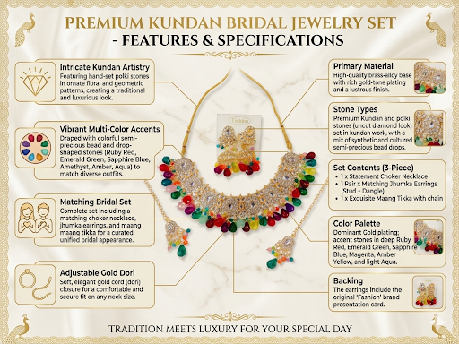 Premium Kundan Bridal Jewelry Set for Women – 3-Piece Gold-Plated Indian Wedding Choker Necklace, Multi-Color Bead Jhumka Earrings & Maang Tikka Set for Brides, Festivals, and Dulhan Wear
