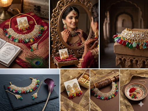 Premium Kundan Bridal Jewelry Set for Women – 3-Piece Gold-Plated Indian Wedding Choker Necklace, Multi-Color Bead Jhumka Earrings & Maang Tikka Set for Brides, Festivals, and Dulhan Wear