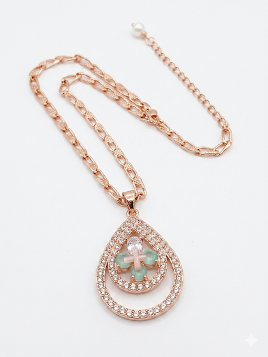 Gilded Blossoms Exquisite Rose Gold Pendant and Earring Set for Women – Teardrop Halo Necklace with Green Chalcedony & Pink Tourmaline-Simulant Cluster, 7mm Cultured Freshwater Pearl Stud Earrings
