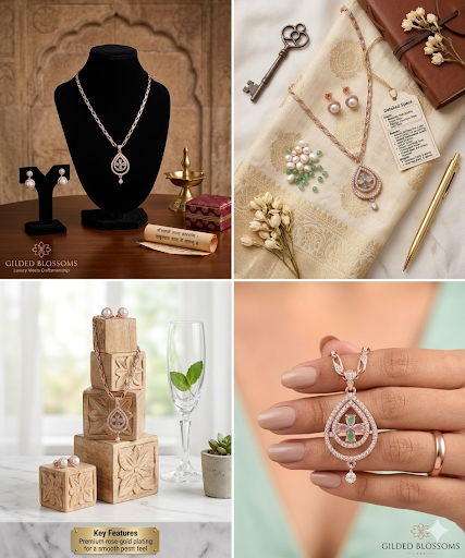 Gilded Blossoms Exquisite Rose Gold Pendant and Earring Set for Women – Teardrop Halo Necklace with Green Chalcedony & Pink Tourmaline-Simulant Cluster, 7mm Cultured Freshwater Pearl Stud Earrings