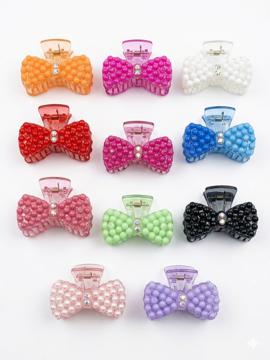 Harmal Store Chic Beaded Bow Hair Claw Clips – 03-Piece Set of Elegant Pearl-Style Hair Accessories with Sparkling Crystal Center for Women and Girls
