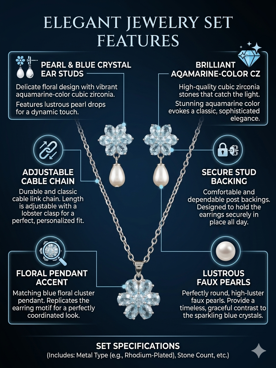 Elegant Aquamarine-Color CZ Floral Pendant and Earring Set for Women – Brilliant Blue Cubic Zirconia Flower Necklace with Adjustable Cable Chain, Lustrous Pearl Drop Ear Studs with Secure Backings