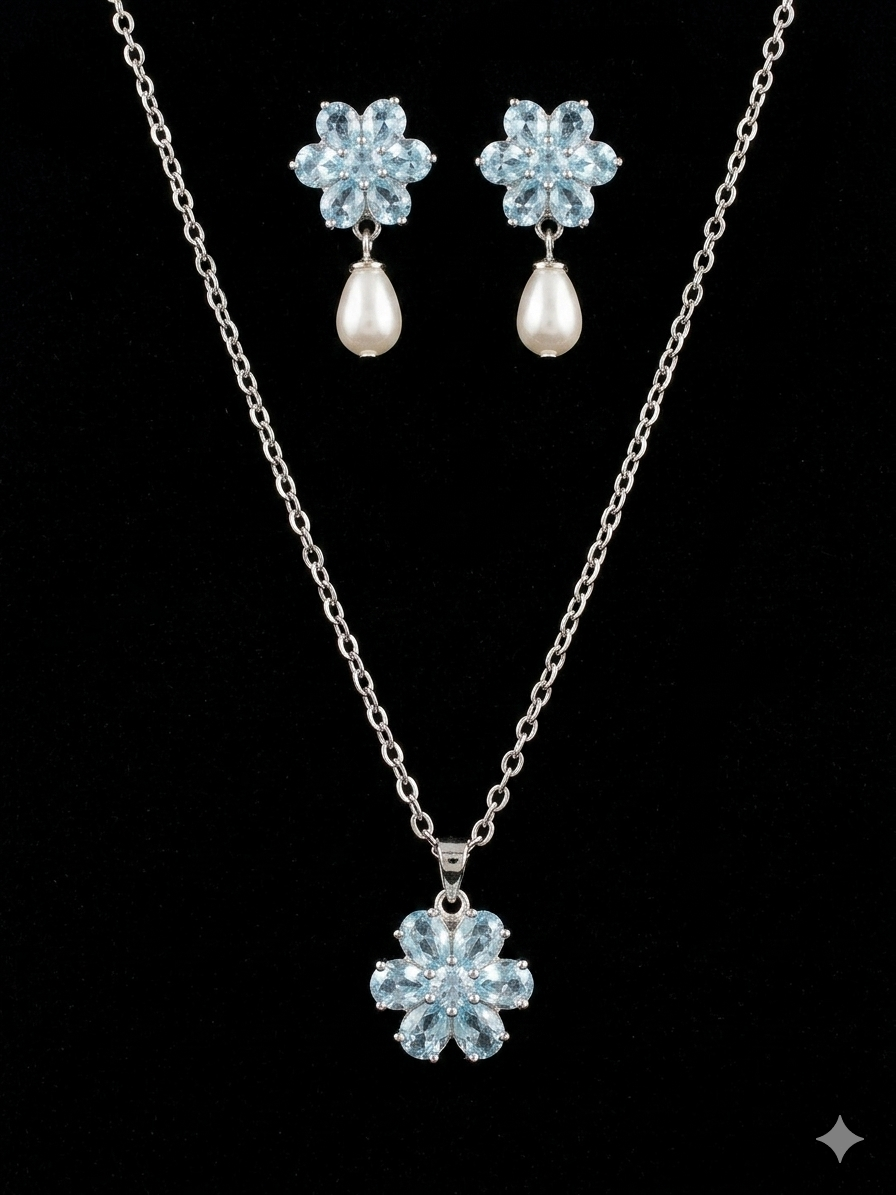 Elegant Aquamarine-Color CZ Floral Pendant and Earring Set for Women – Brilliant Blue Cubic Zirconia Flower Necklace with Adjustable Cable Chain, Lustrous Pearl Drop Ear Studs with Secure Backings