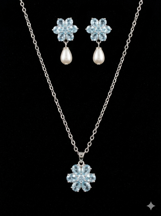 Elegant Aquamarine-Color CZ Floral Pendant and Earring Set for Women – Brilliant Blue Cubic Zirconia Flower Necklace with Adjustable Cable Chain, Lustrous Pearl Drop Ear Studs with Secure Backings