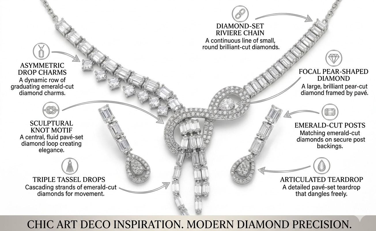 Chic Art Deco Simulated Diamond Statement Necklace & Earring Set for Women – Pavé Sculptural Knot Riviere Chain Collar, Emerald-Cut Asymmetric Drop Charms, Triple Tassel Pear-Cut Drops Bridal Set