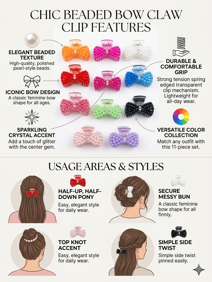 Harmal Store Chic Beaded Bow Hair Claw Clips – 03-Piece Set of Elegant Pearl-Style Hair Accessories with Sparkling Crystal Center for Women and Girls