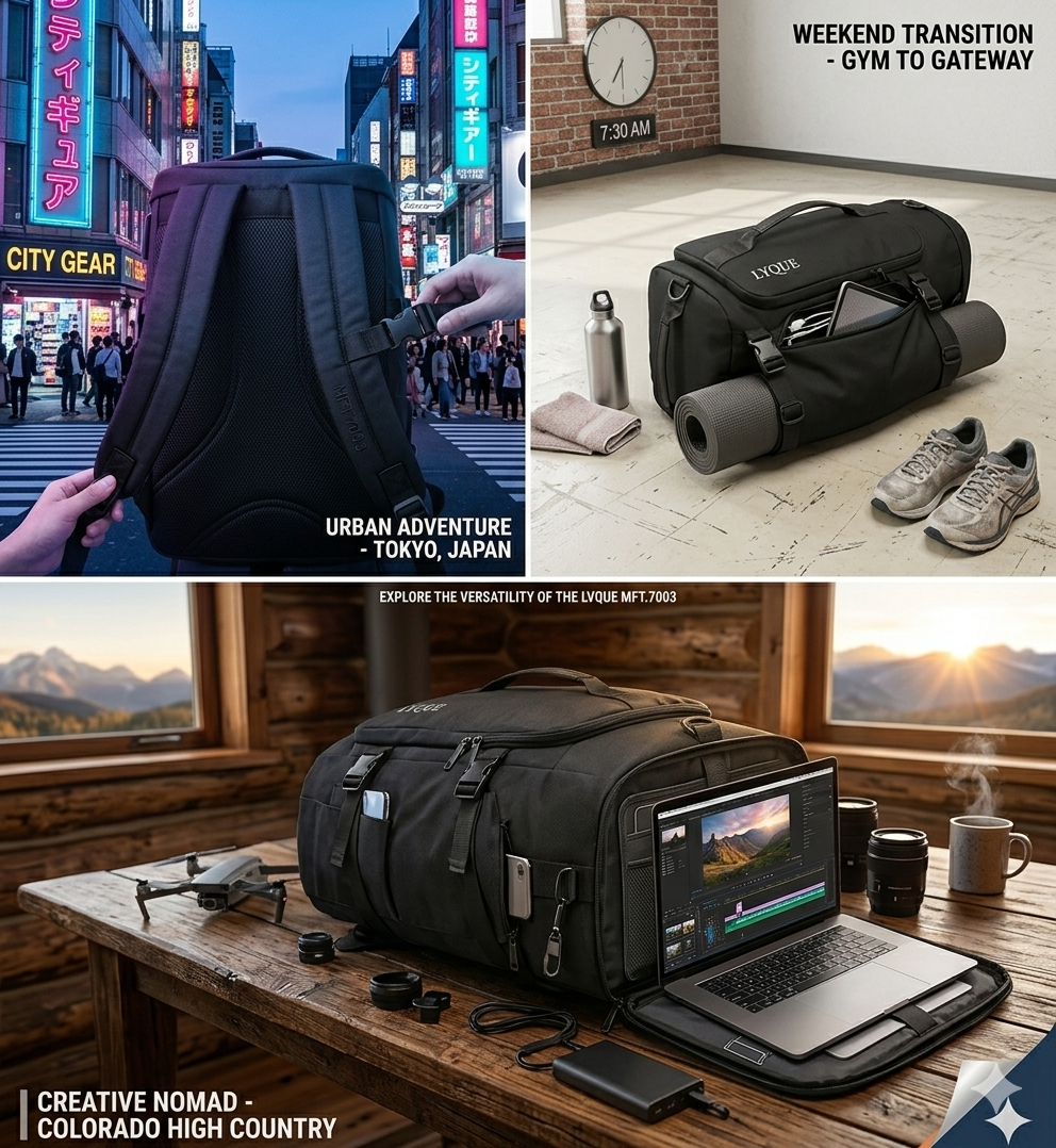 LVQUE Convertible Backpack 30L, Roll-Top Laptop Bag with Shoe Compartment, Waterproof Travel Backpack for Men & Women, Fits 15.6” Laptop