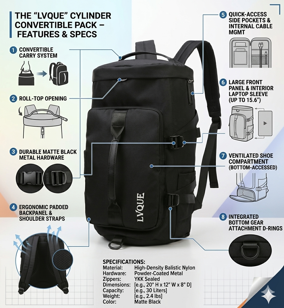 LVQUE Convertible Backpack 30L, Roll-Top Laptop Bag with Shoe Compartment, Waterproof Travel Backpack for Men & Women, Fits 15.6” Laptop