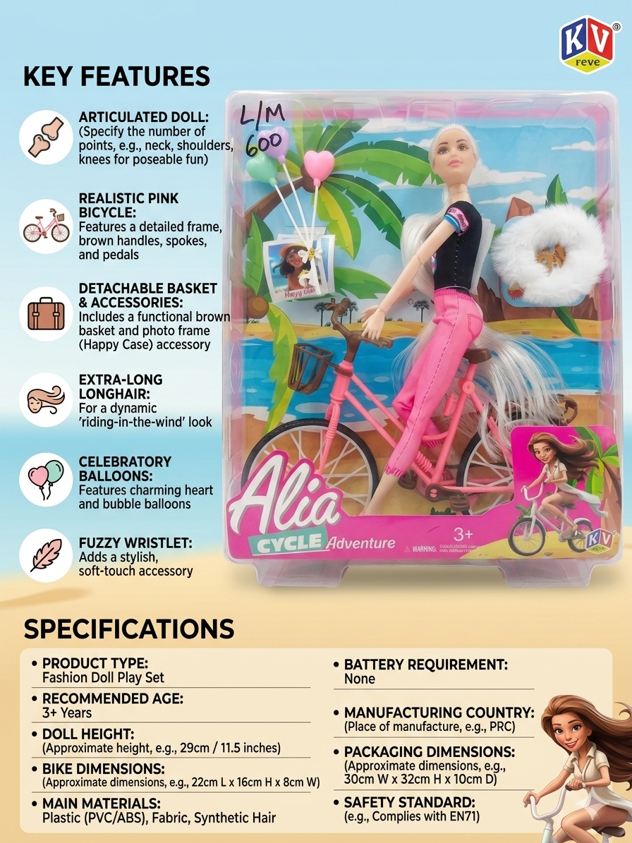 Alia Cycle Adventure Doll with Bicycle | Fashion Doll Play Set with Accessories | Long Hair, Articulated Doll | Kids Toy Gift (3+ Years)