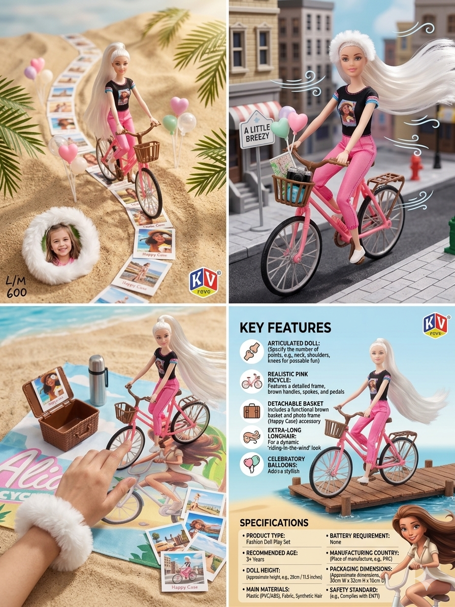 Alia Cycle Adventure Doll with Bicycle | Fashion Doll Play Set with Accessories | Long Hair, Articulated Doll | Kids Toy Gift (3+ Years)