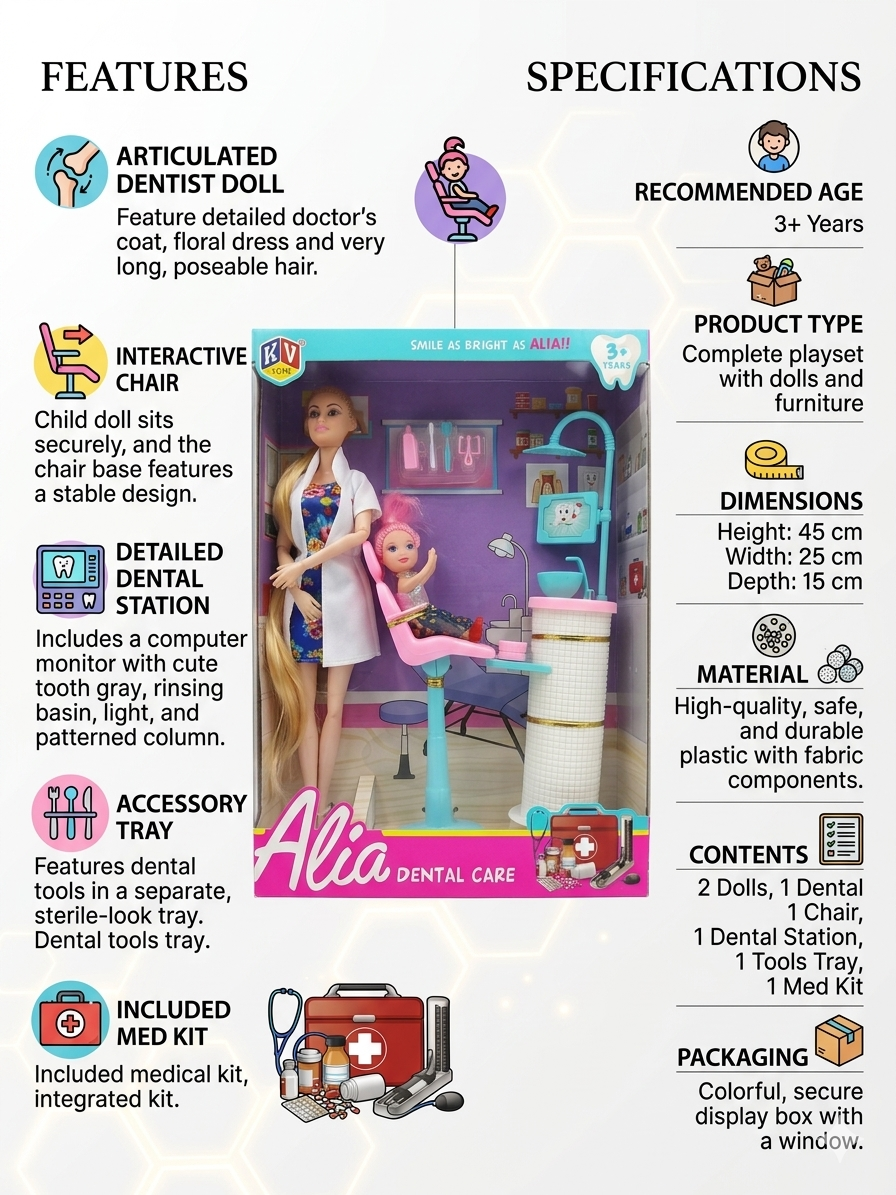 Alia Dental Care Doll Play Set | Dentist Doll with Chair, Tools & Accessories | Interactive Kids Doctor Play Toy | 2 Dolls Set (3+ Years)