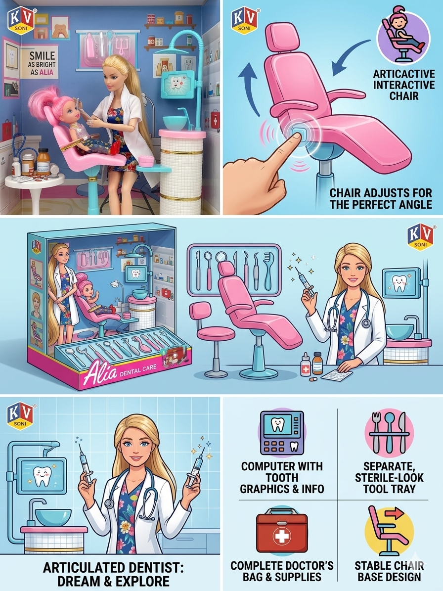 Alia Dental Care Doll Play Set | Dentist Doll with Chair, Tools & Accessories | Interactive Kids Doctor Play Toy | 2 Dolls Set (3+ Years)