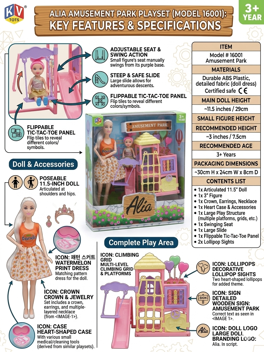 Alia Amusement Park Doll Playset with Slide & Swing, 11.5 Inch Poseable Doll + Accessories
