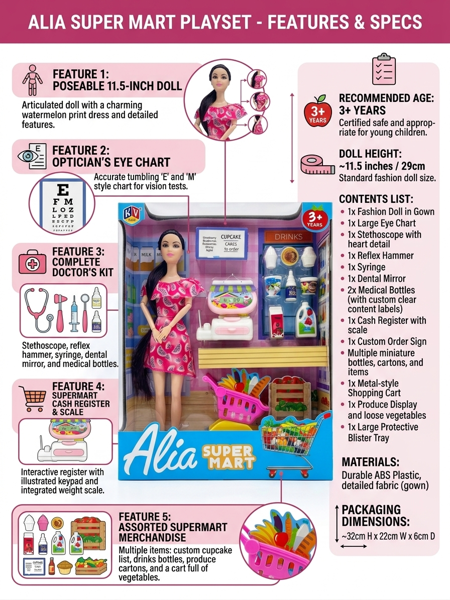 Alia Super Mart Doll Playset with Cash Register, Shopping Cart & Accessories, 11.5 Inch Poseable Doll