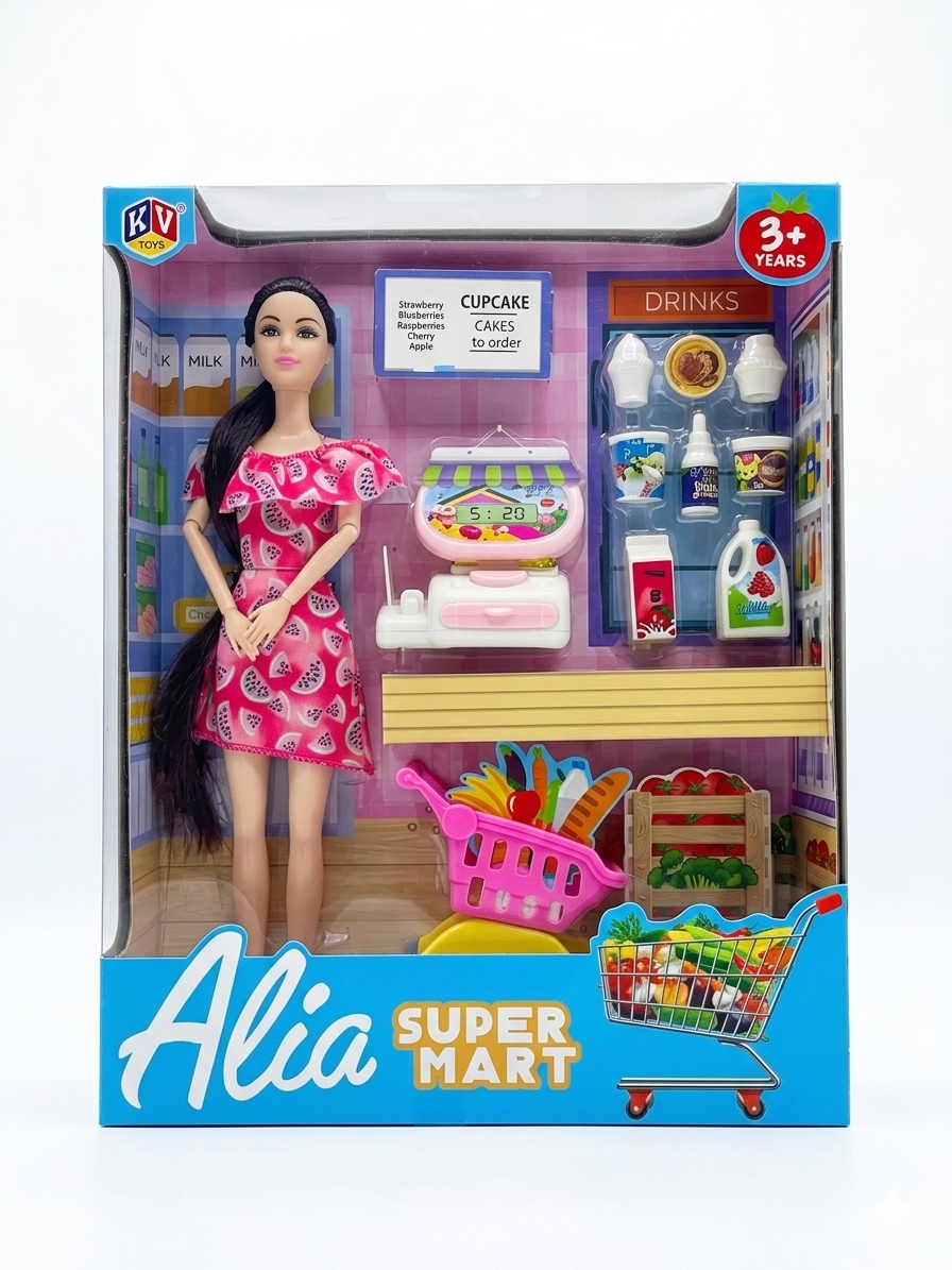Alia Super Mart Doll Playset with Cash Register, Shopping Cart & Accessories, 11.5 Inch Poseable Doll
