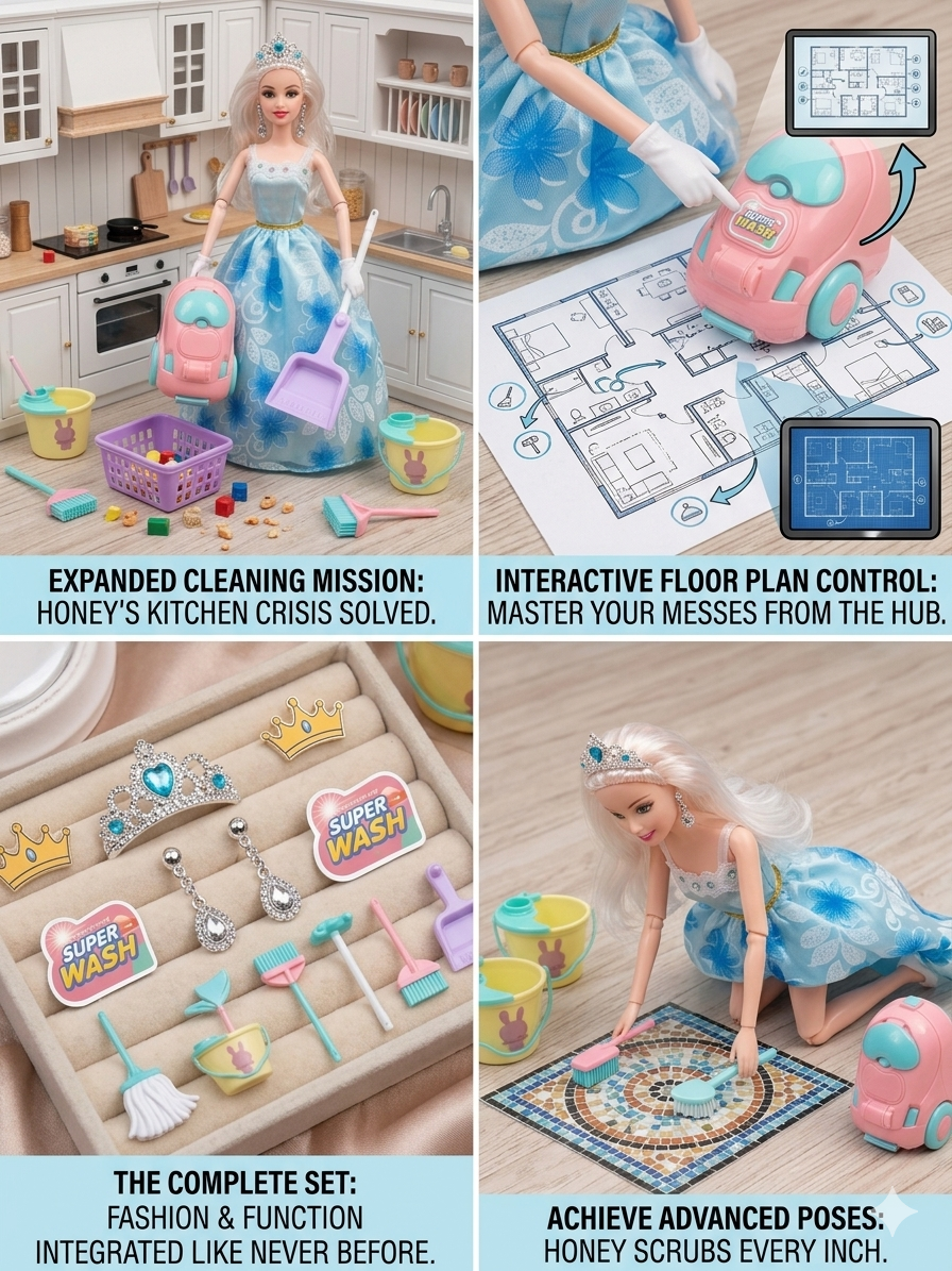 Honey Cleaning Doll Playset with Accessories & Toy Cleaning Machine, 11.5 Inch Fashion Doll with Broom