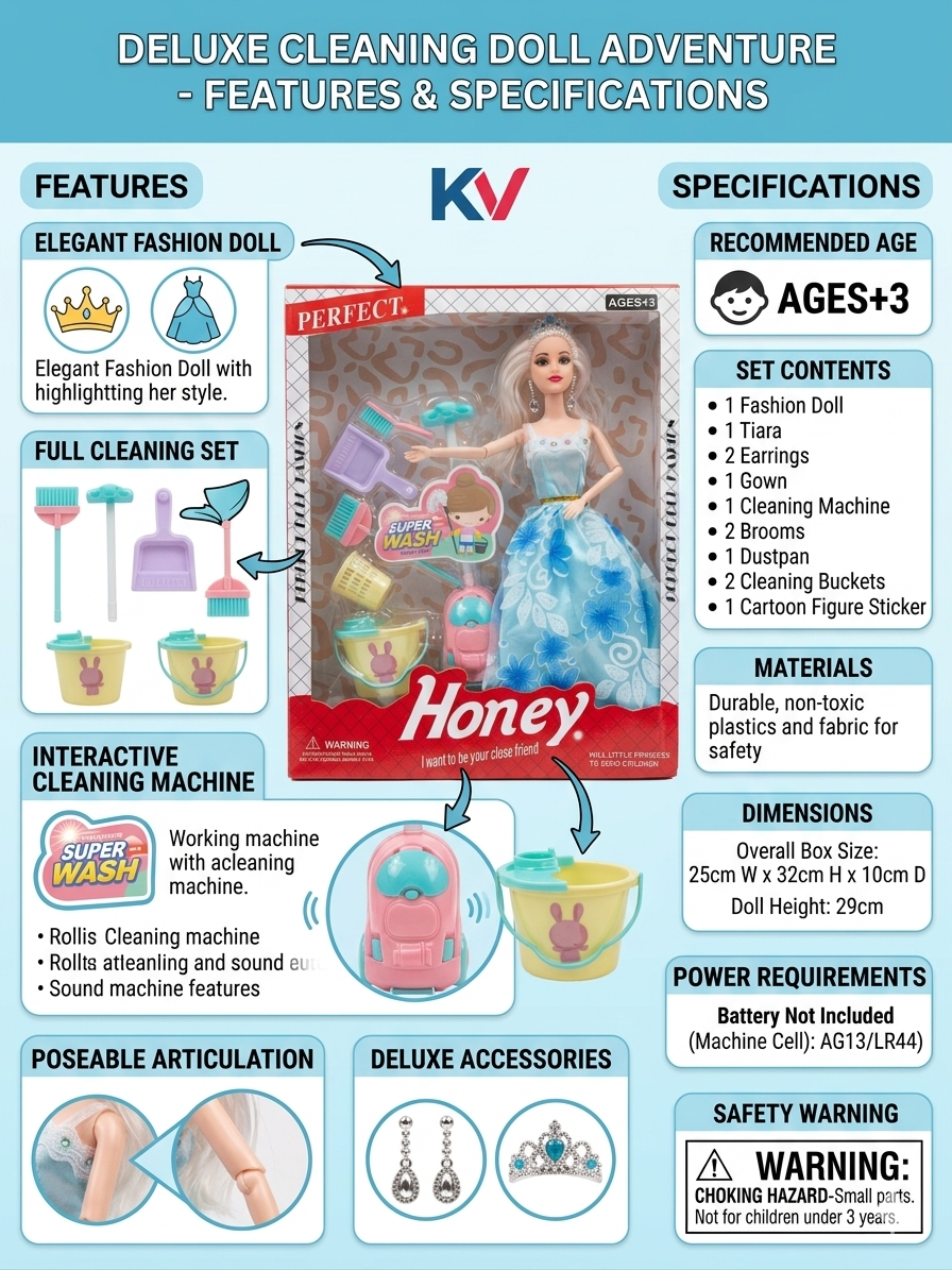 Honey Cleaning Doll Playset with Accessories & Toy Cleaning Machine, 11.5 Inch Fashion Doll with Broom