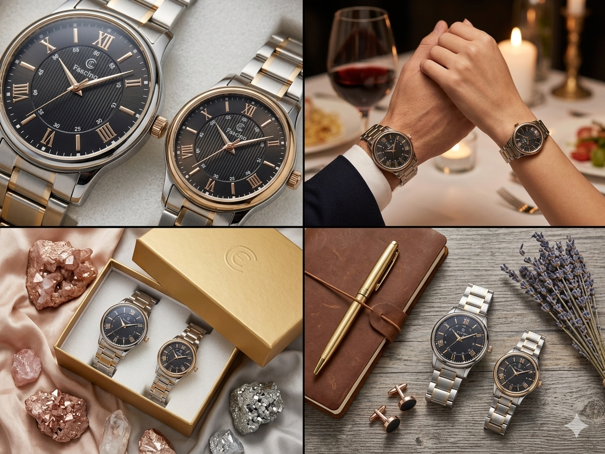 Fascino Elegant Couple Watch Set for Men & Women | Stainless Steel Dual-Tone Analog Watches | Japanese Quartz Movement | Premium Gift Box Set