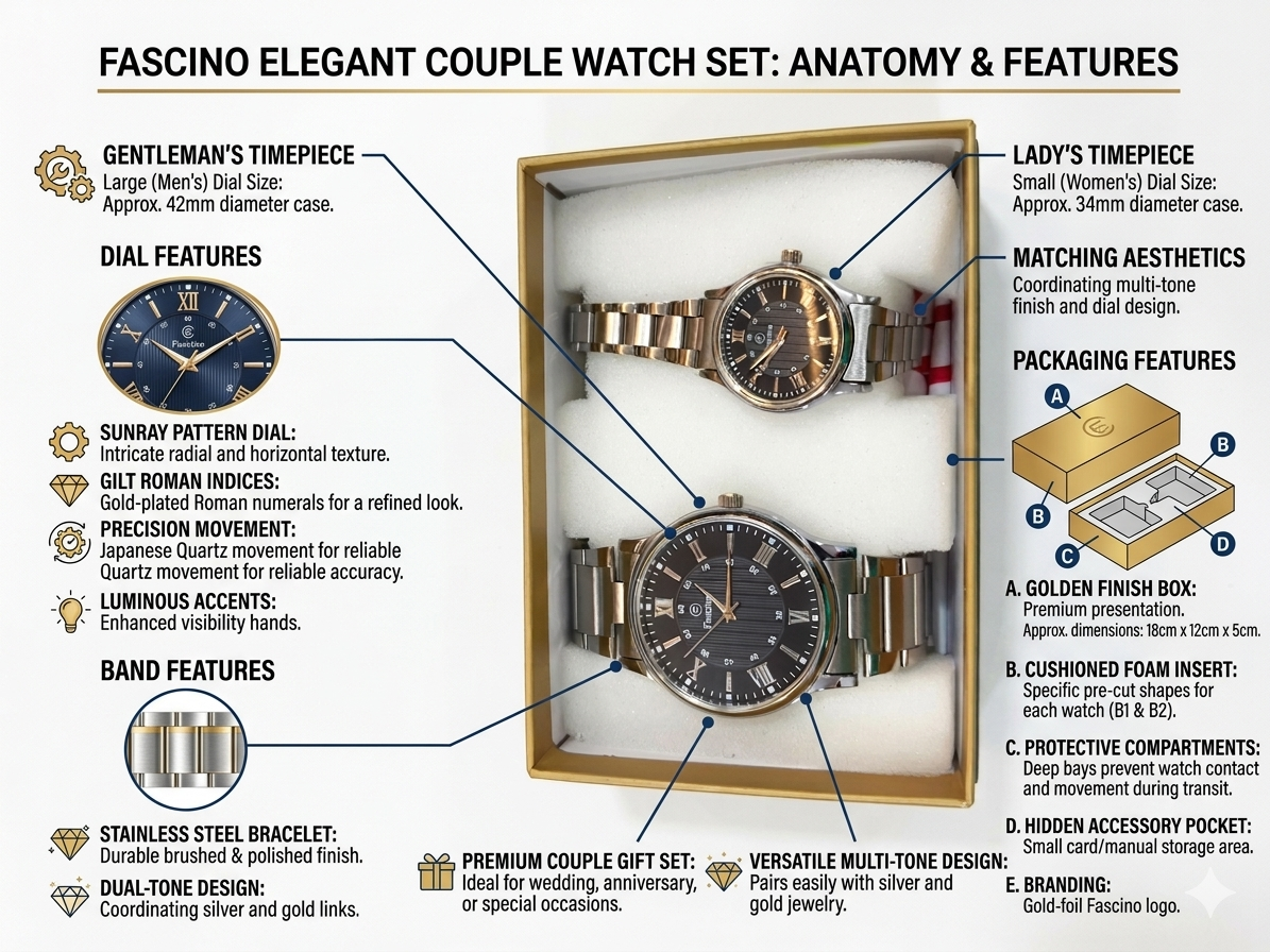 Fascino Elegant Couple Watch Set for Men & Women | Stainless Steel Dual-Tone Analog Watches | Japanese Quartz Movement | Premium Gift Box Set