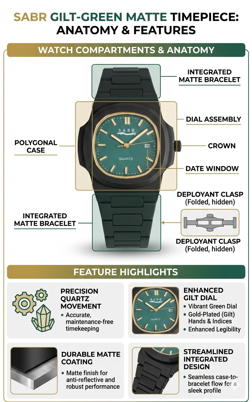 SABR Gilt Green Matte Analog Watch for Men | Premium Quartz Movement | Integrated Matte Bracelet