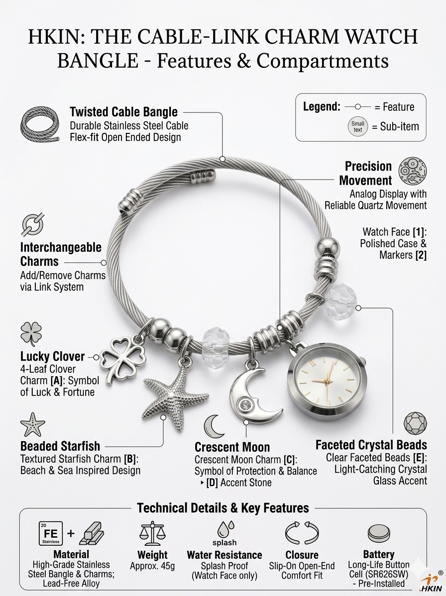 HKIN Women’s Charm Watch Bangle with Interchangeable Charms, Quartz Movement, Stainless Steel Bracelet Watch, Elegant Analog Wrist Watch for Women – Stylish Jewelry Watch for Daily & Party Wear