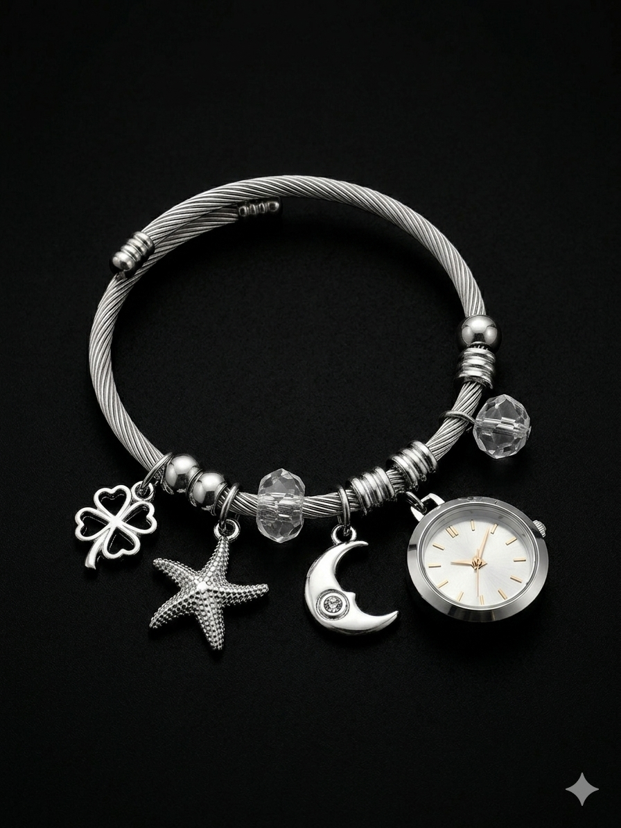 HKIN Women’s Charm Watch Bangle with Interchangeable Charms, Quartz Movement, Stainless Steel Bracelet Watch, Elegant Analog Wrist Watch for Women – Stylish Jewelry Watch for Daily & Party Wear