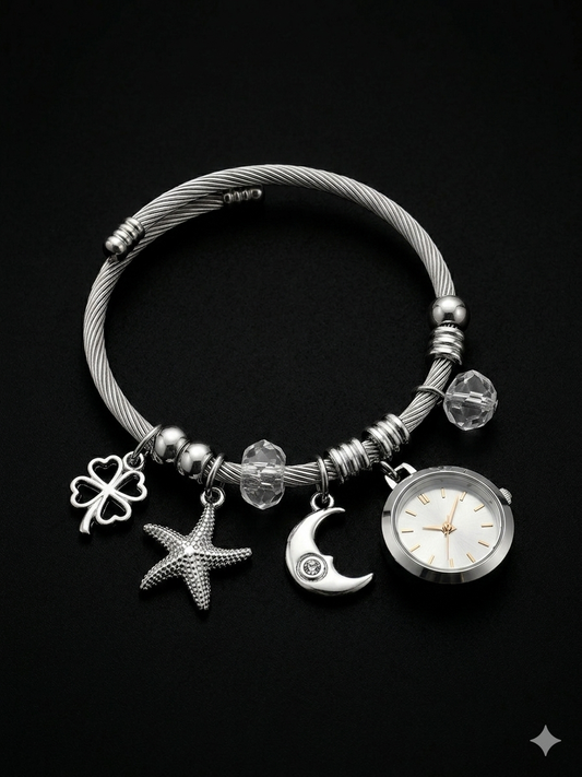 HKIN Women’s Charm Watch Bangle with Interchangeable Charms, Quartz Movement, Stainless Steel Bracelet Watch, Elegant Analog Wrist Watch for Women – Stylish Jewelry Watch for Daily & Party Wear