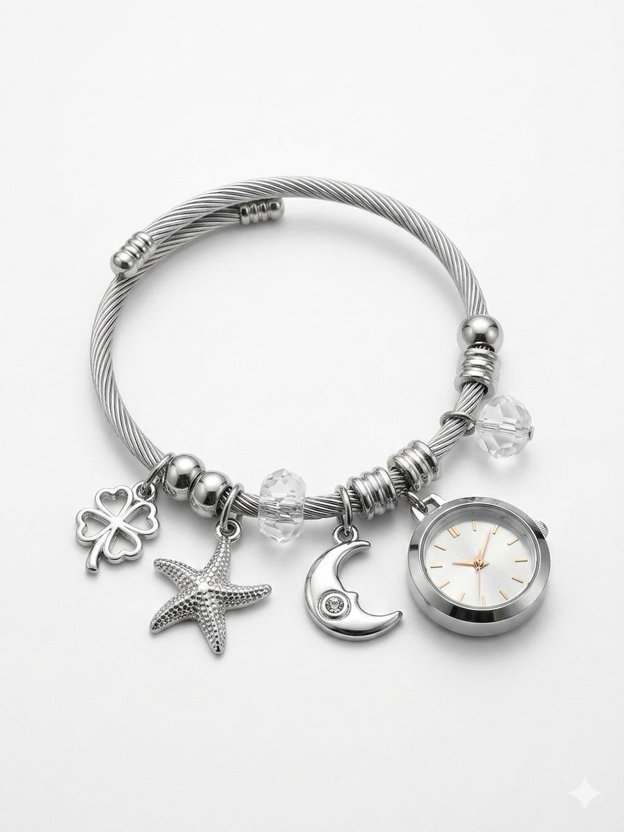 HKIN Women’s Charm Watch Bangle with Interchangeable Charms, Quartz Movement, Stainless Steel Bracelet Watch, Elegant Analog Wrist Watch for Women – Stylish Jewelry Watch for Daily & Party Wear