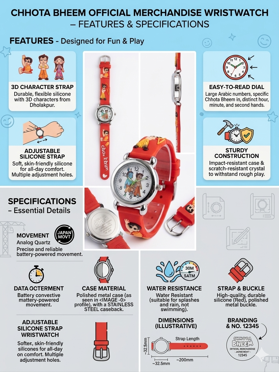 Chhota Bheem Official Kids Analog Wrist Watch | Silicone Strap Cartoon Watch for Boys & Girls | Durable, Water-Resistant | Easy-to-Read Dial