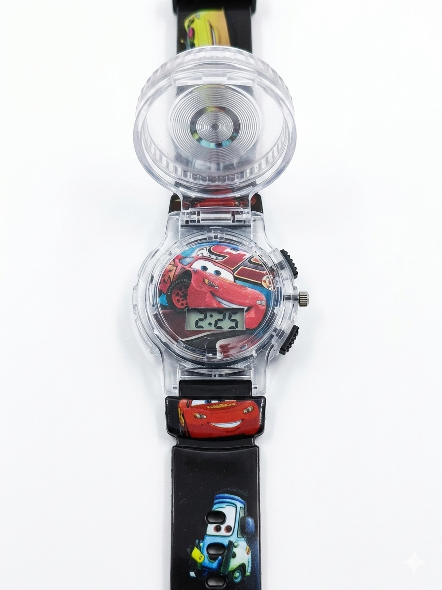 Disney Cars Lightning McQueen Projection Watch for Kids | Digital LCD Watch with Projector | Official Pixar Merchandise | Silicone Strap | Red Racing Theme