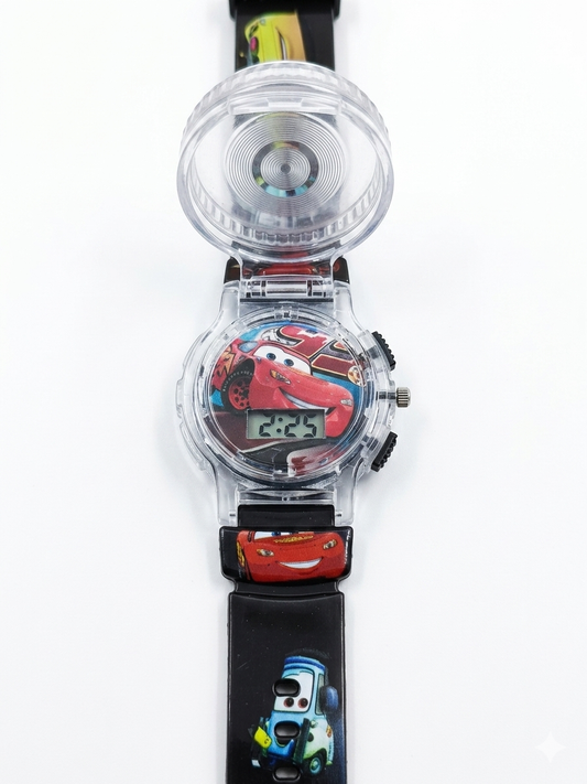 Disney Cars Lightning McQueen Projection Watch for Kids | Digital LCD Watch with Projector | Official Pixar Merchandise | Silicone Strap | Red Racing Theme